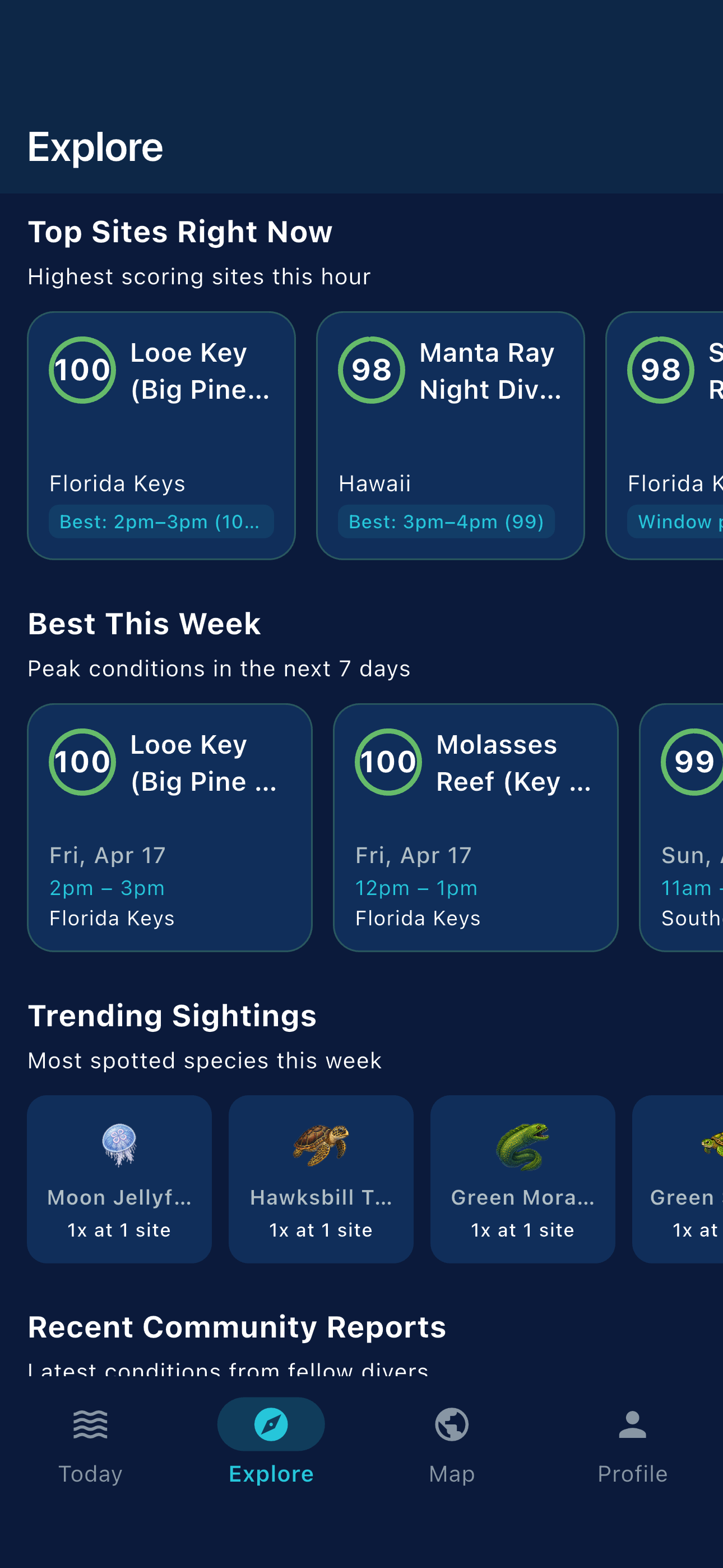 DiveSlate Explore tab showing top sites, best this week, and trending sightings