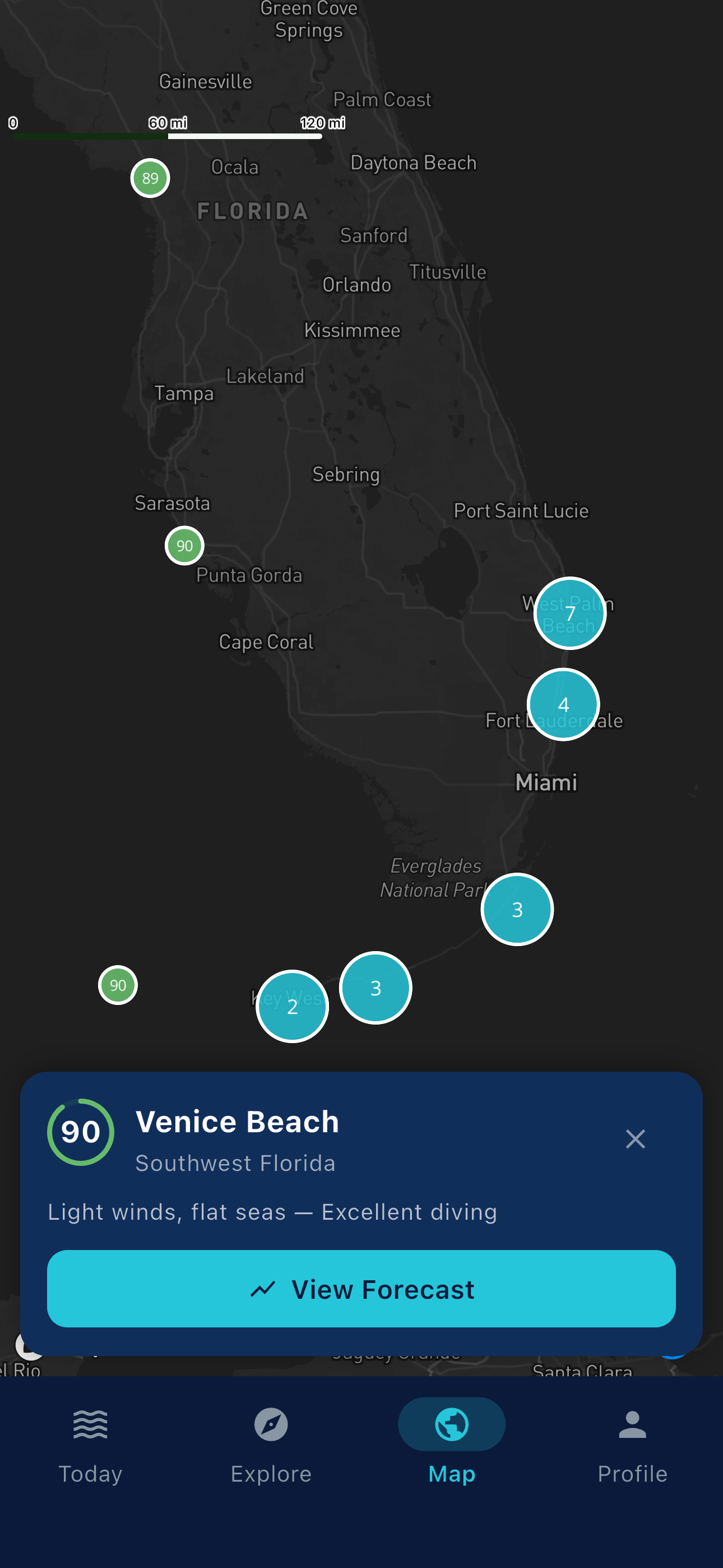 DiveSlate map view showing dive sites across Florida with current scores