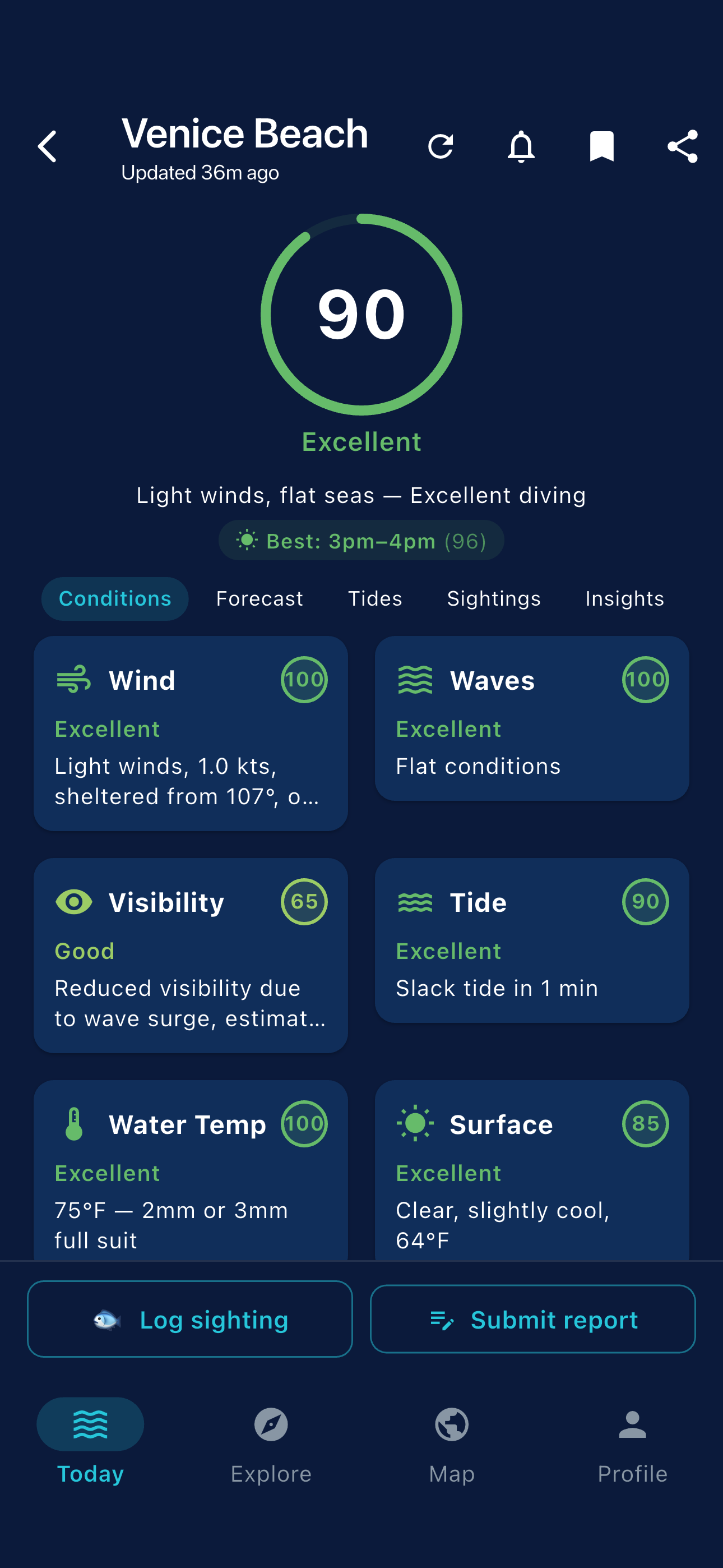 DiveSlate app showing Dive-Ability Score of 90 for Venice Beach with detailed condition breakdowns